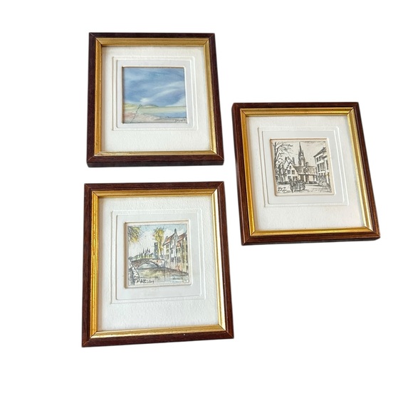 Vintage trio of miniature Bruges Belgium europe scenes Brown & Gold Frames 4x4.5